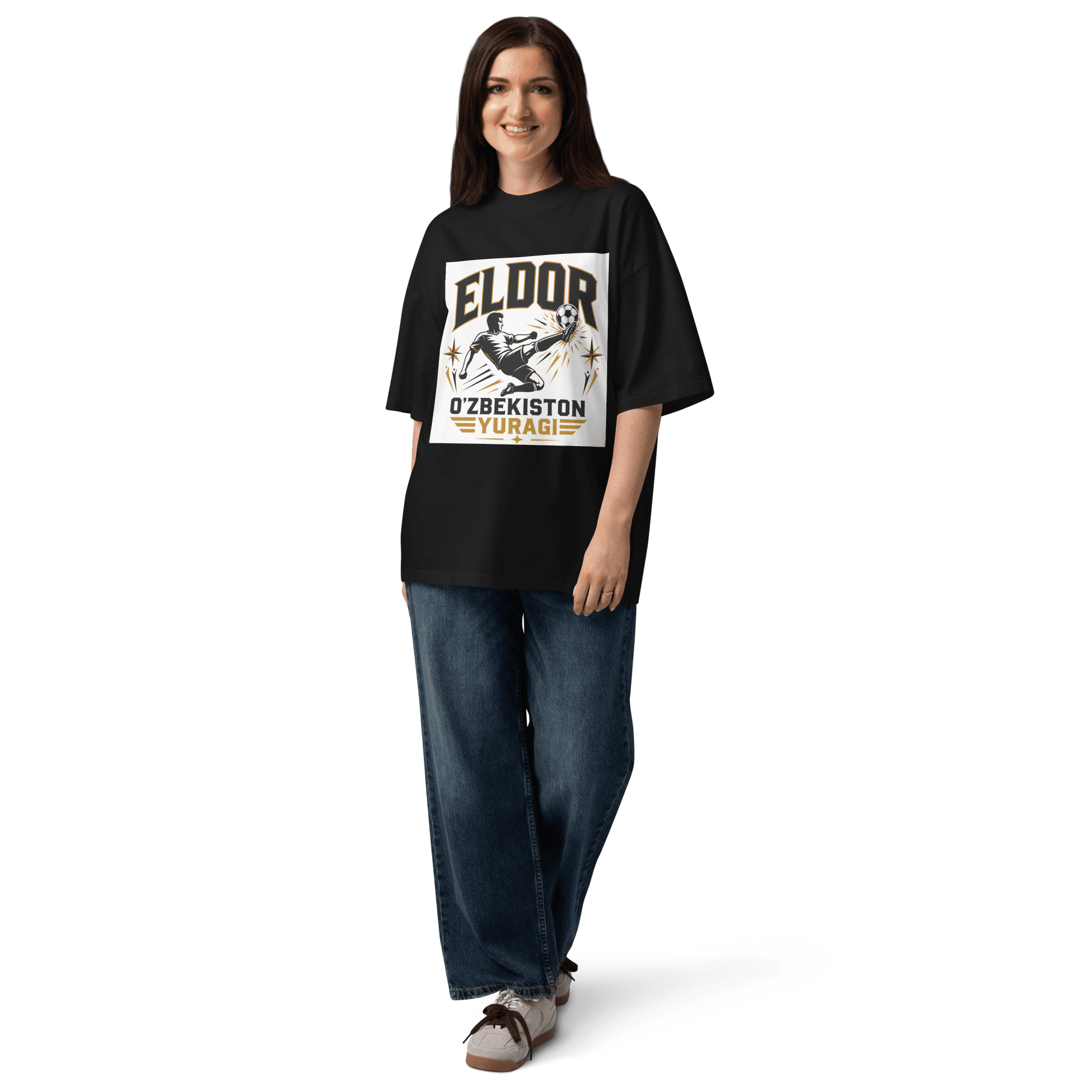 Eldor O'zbekiston Yuragi striker tribute tee — black, detail view
