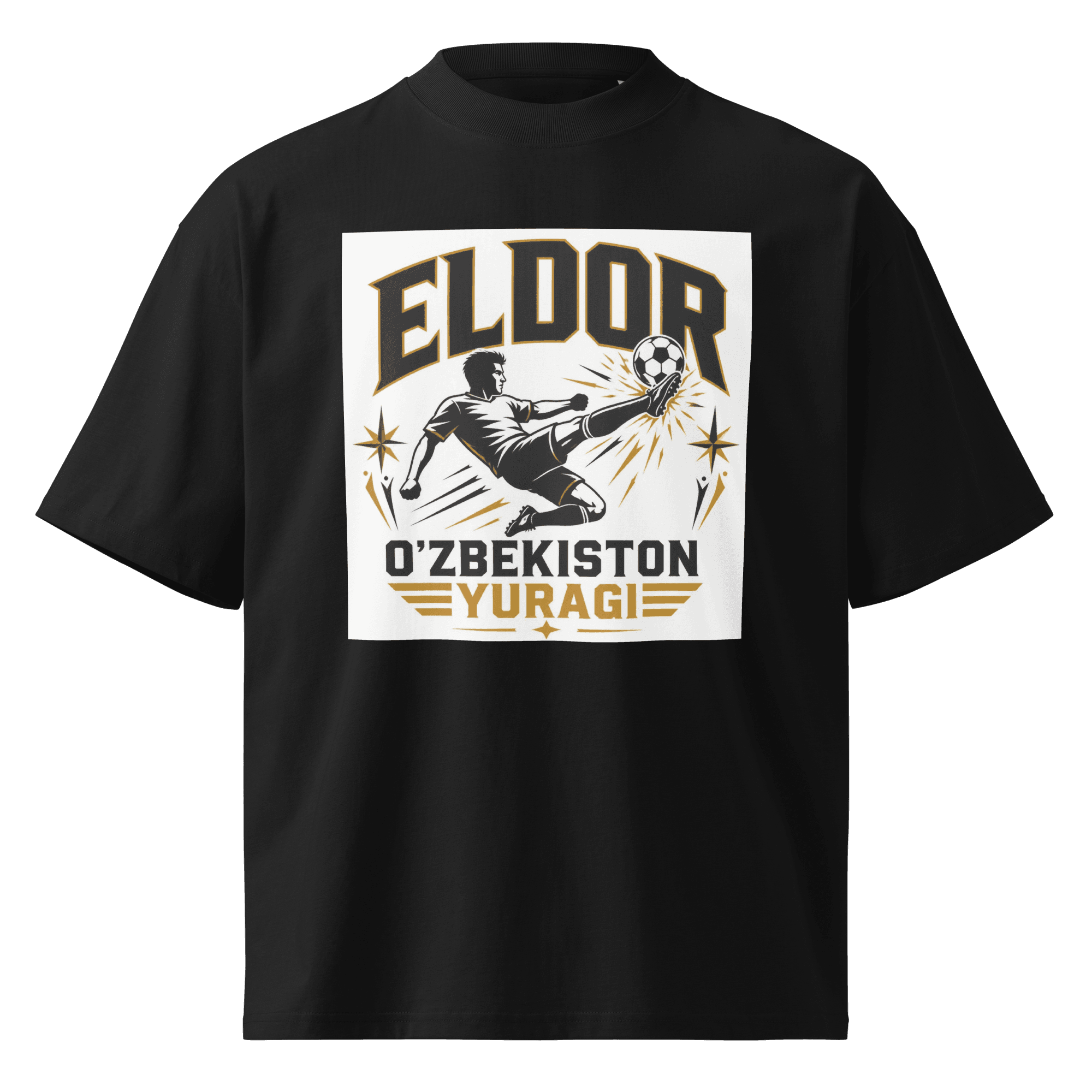 Eldor O'zbekiston Yuragi striker tribute tee — black, front view