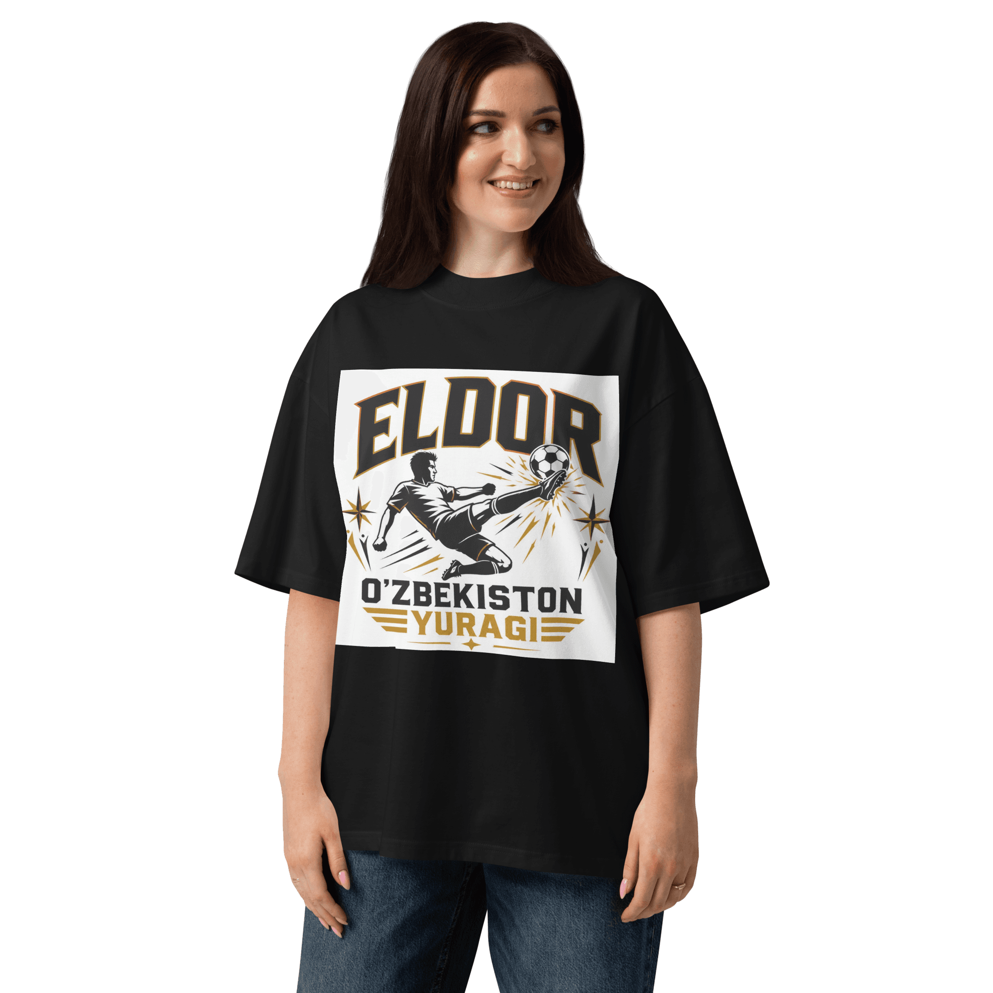 Eldor O'zbekiston Yuragi striker tribute tee — black, front view