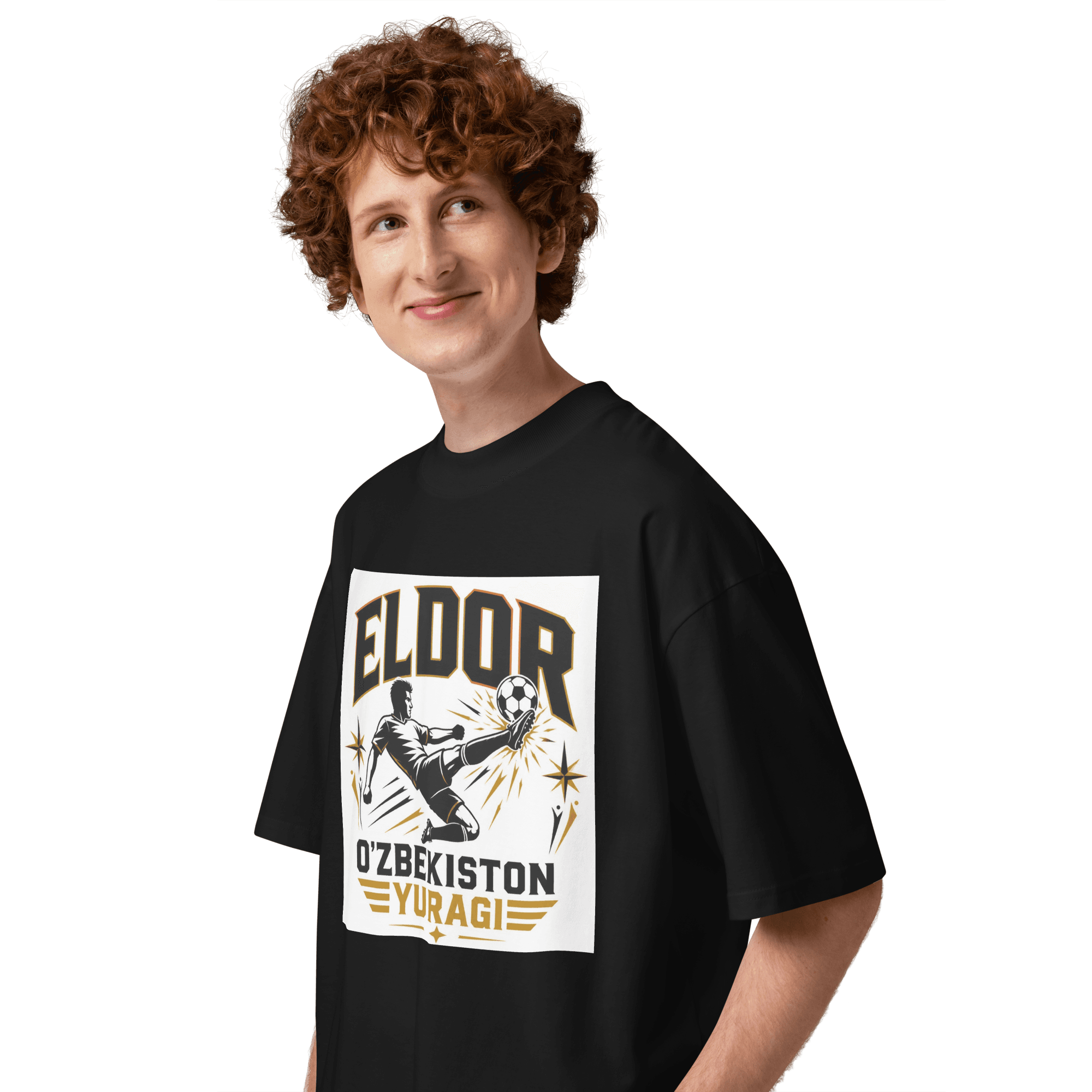 Eldor O'zbekiston Yuragi striker tribute tee — black, side view