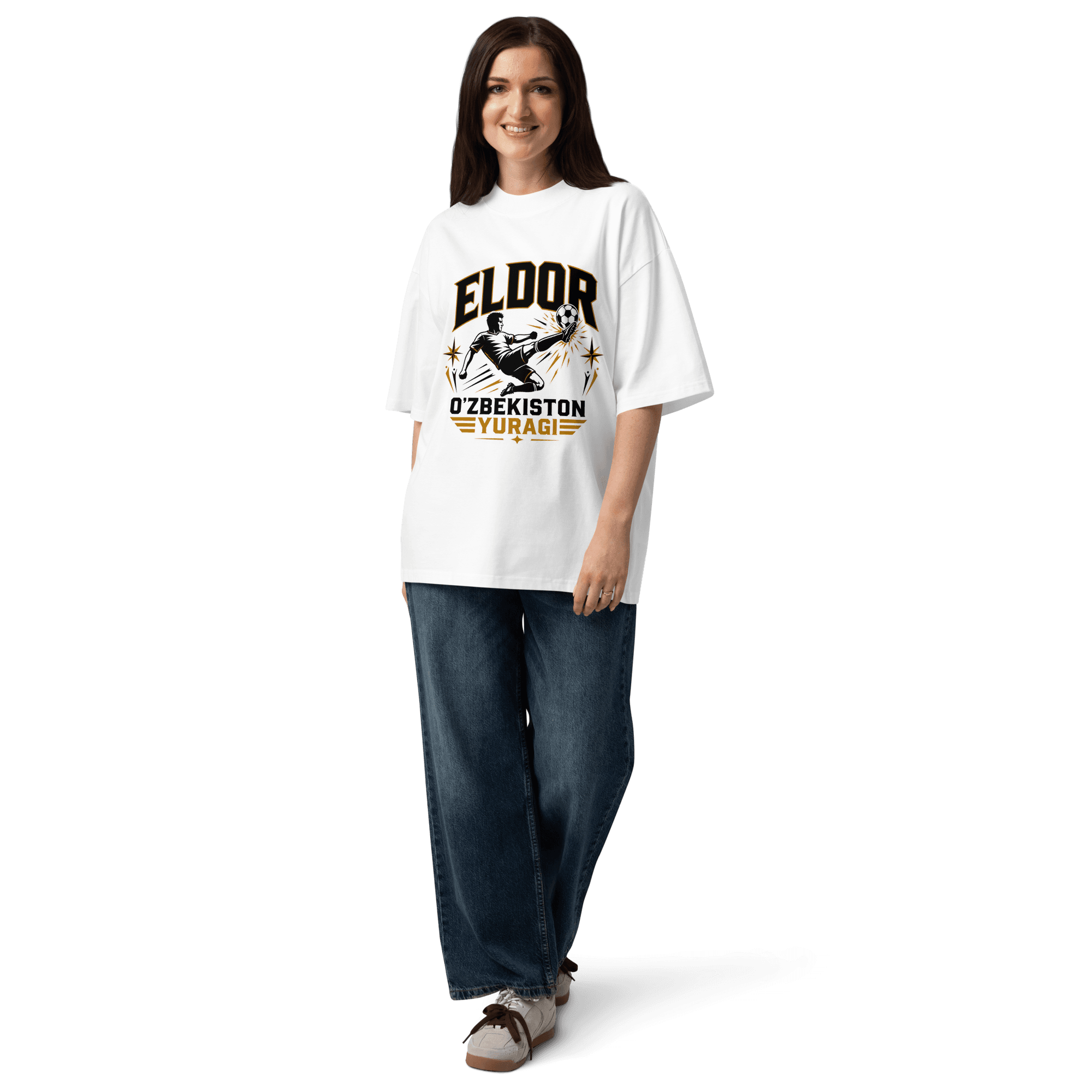 Eldor O'zbekiston Yuragi striker tribute tee — white, detail view