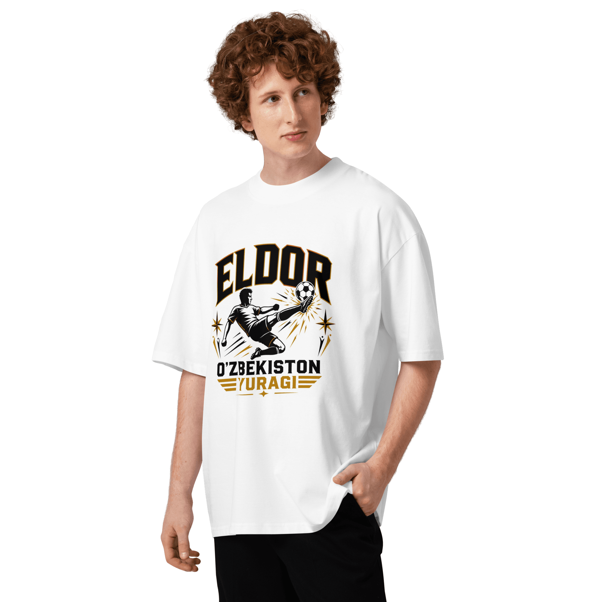 Eldor O'zbekiston Yuragi striker tribute tee — white, front view
