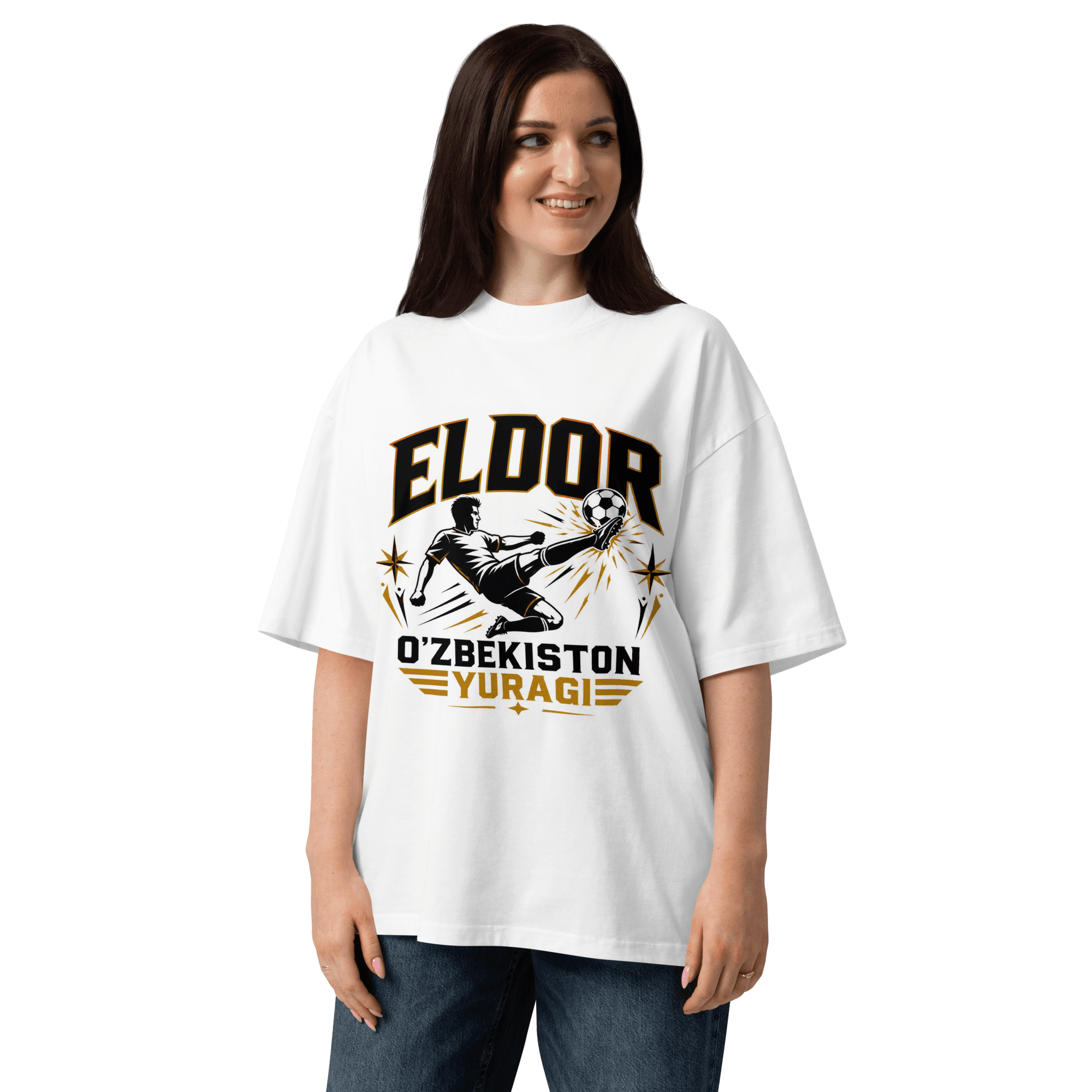 Eldor O'zbekiston Yuragi striker tribute tee — white, front view