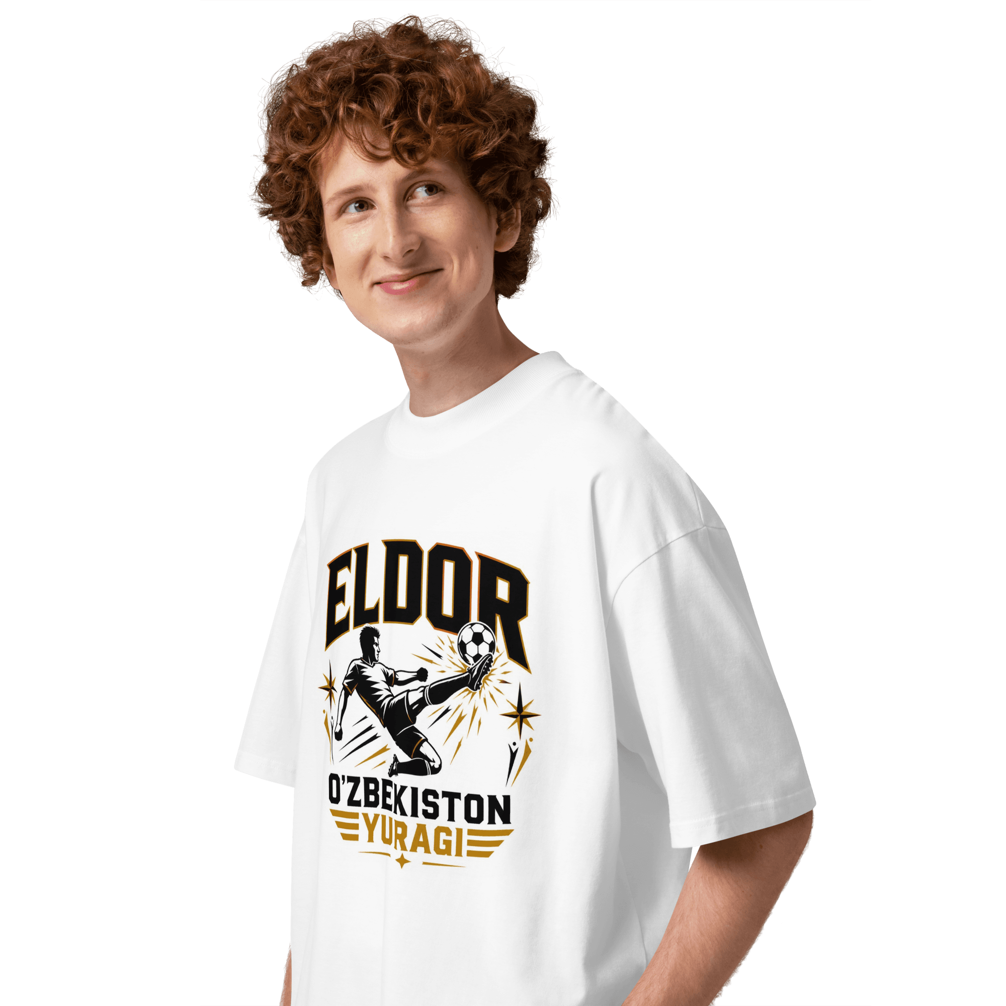 Eldor O'zbekiston Yuragi striker tribute tee — white, side view