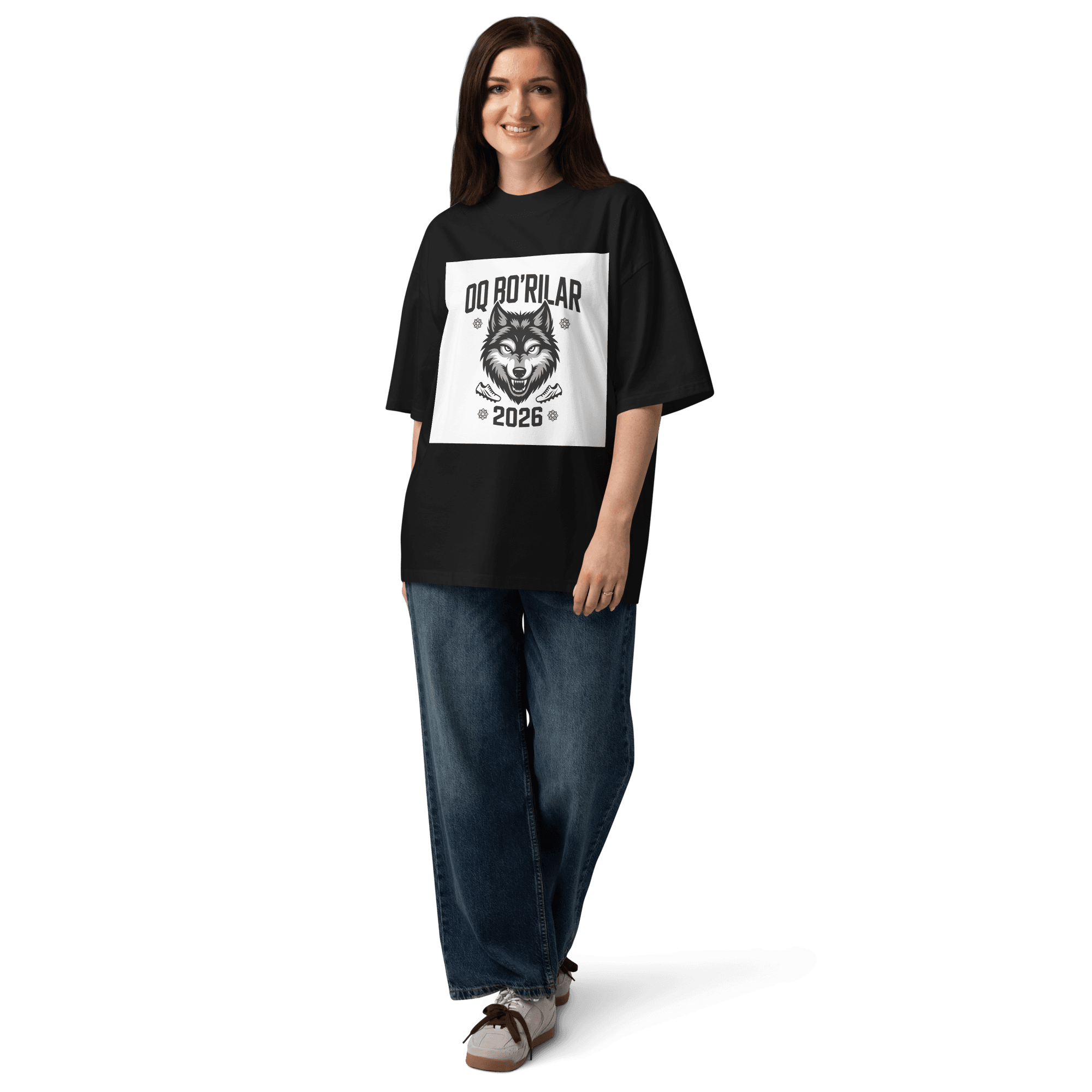 Oq Bo'rilar 2026 wolf football tee — black, detail view