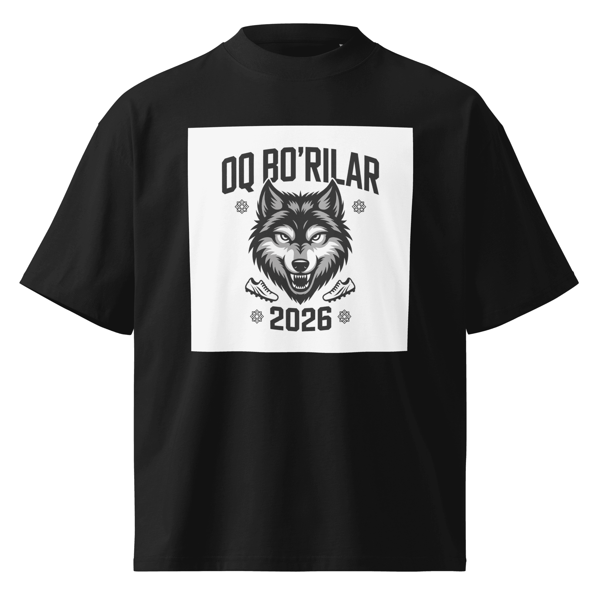Oq Bo'rilar 2026 wolf football tee — black, front view