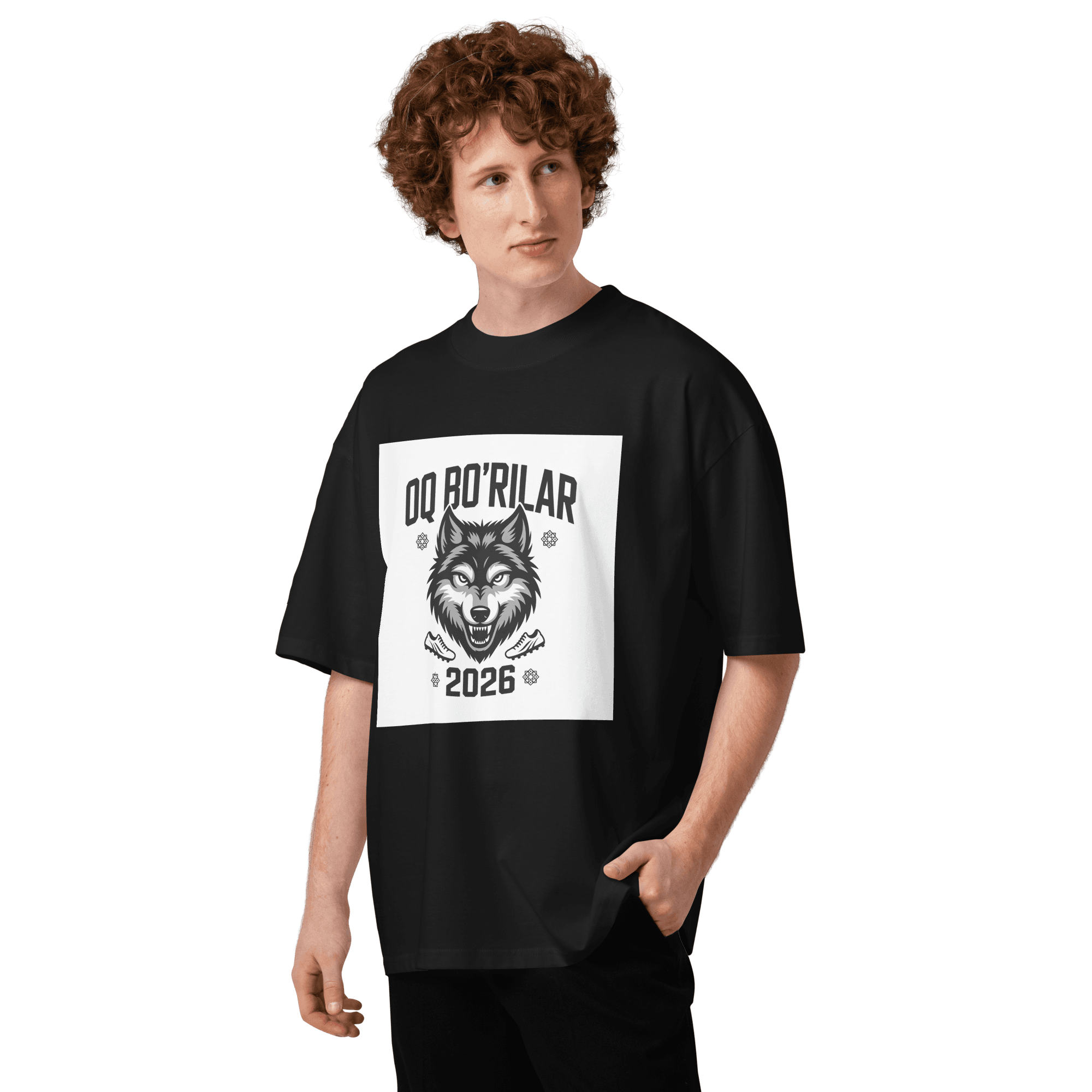 Oq Bo'rilar 2026 wolf football tee — black, front view