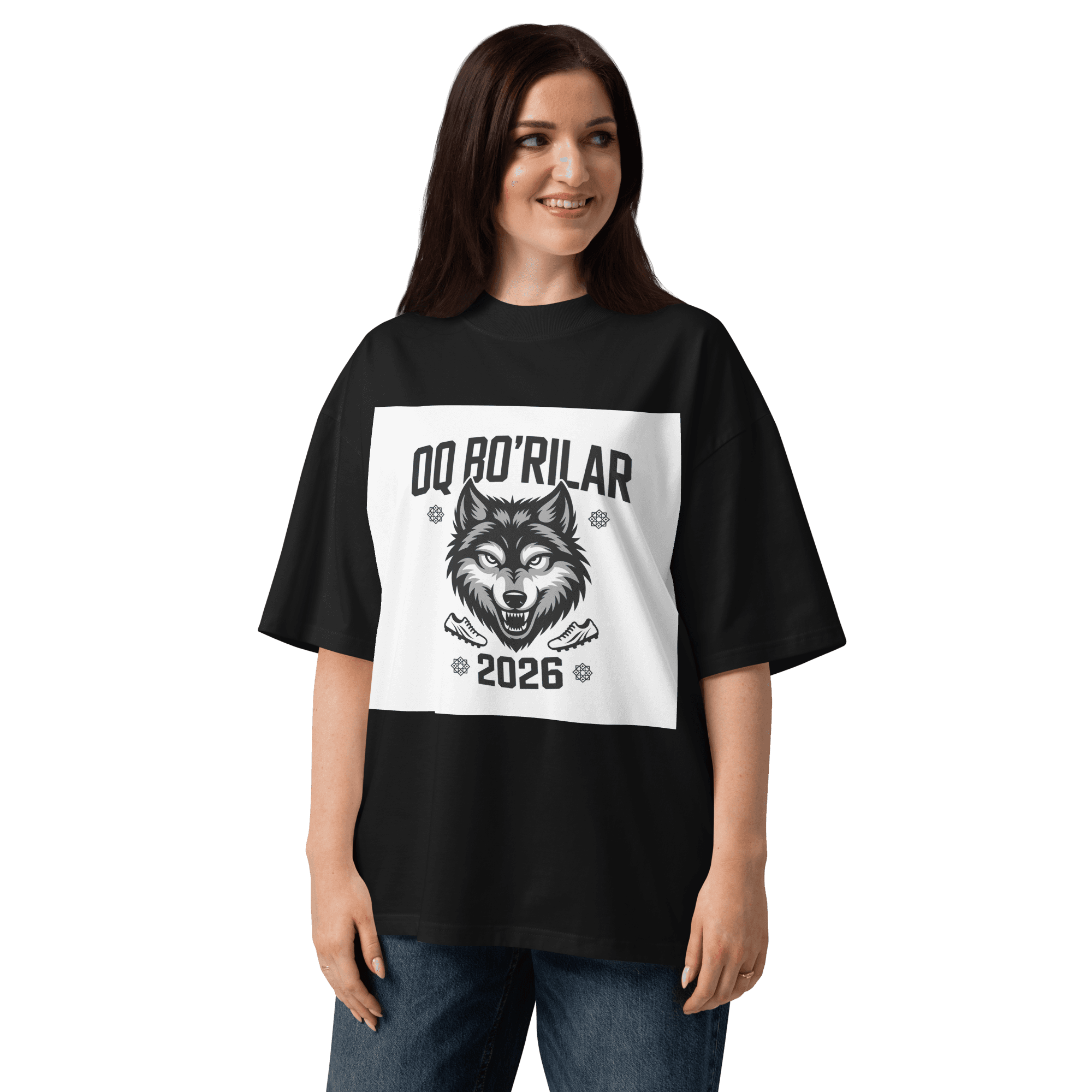 Oq Bo'rilar 2026 wolf football tee — black, front view
