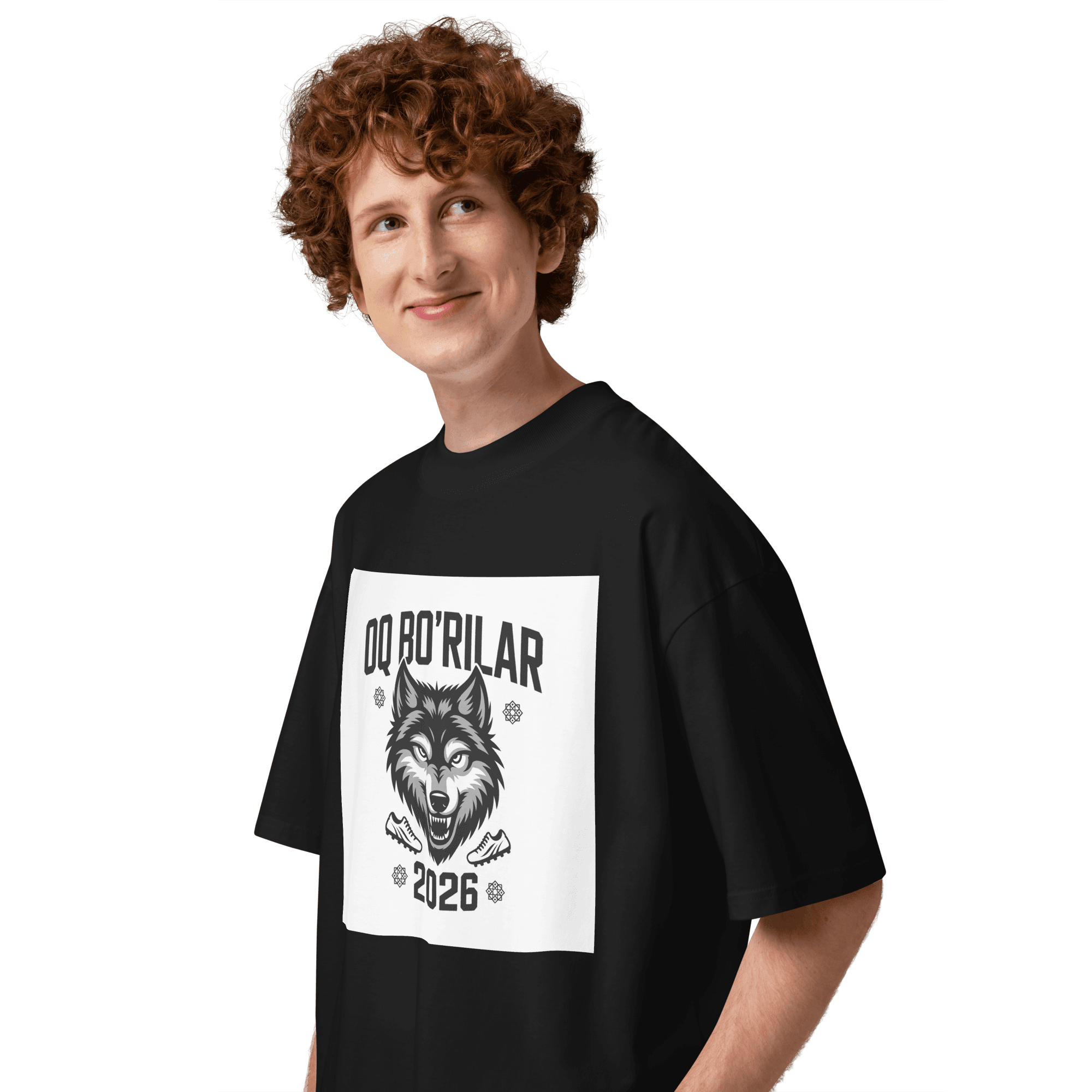 Oq Bo'rilar 2026 wolf football tee — black, side view
