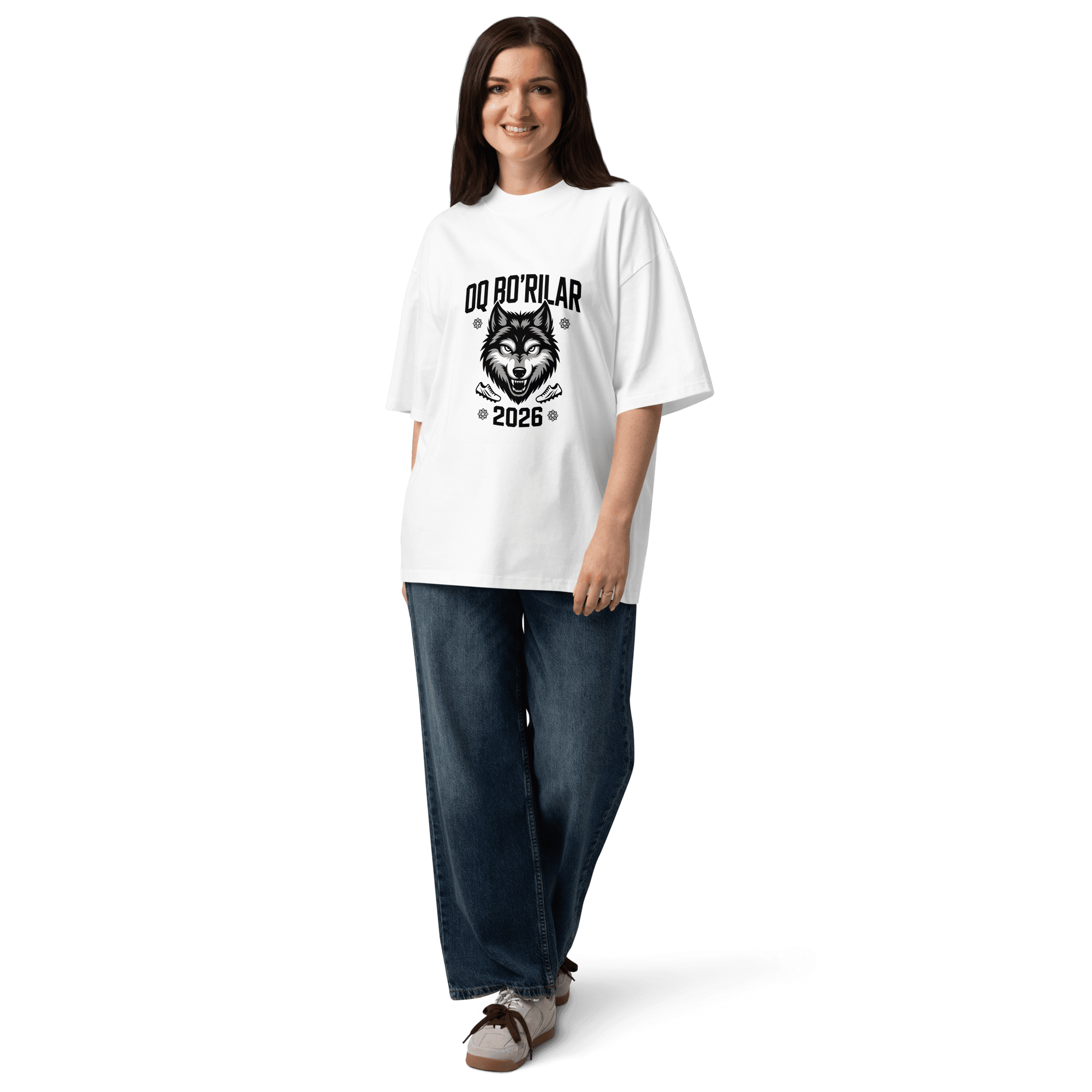 Oq Bo'rilar 2026 wolf football tee — white, detail view