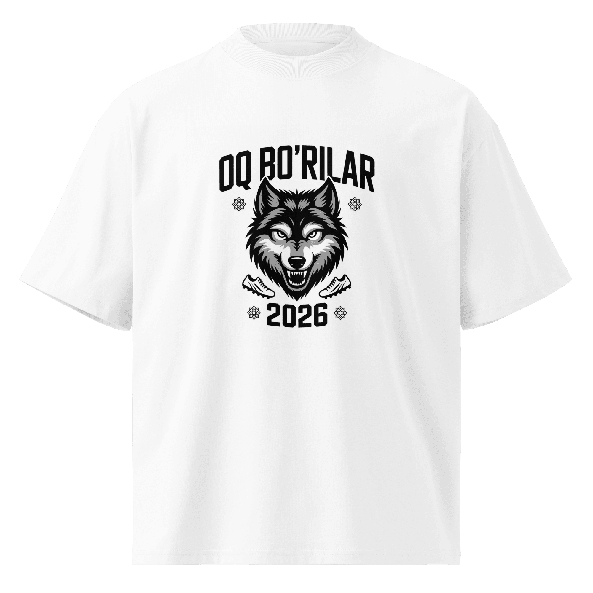 Oq Bo'rilar 2026 wolf football tee — white, front view