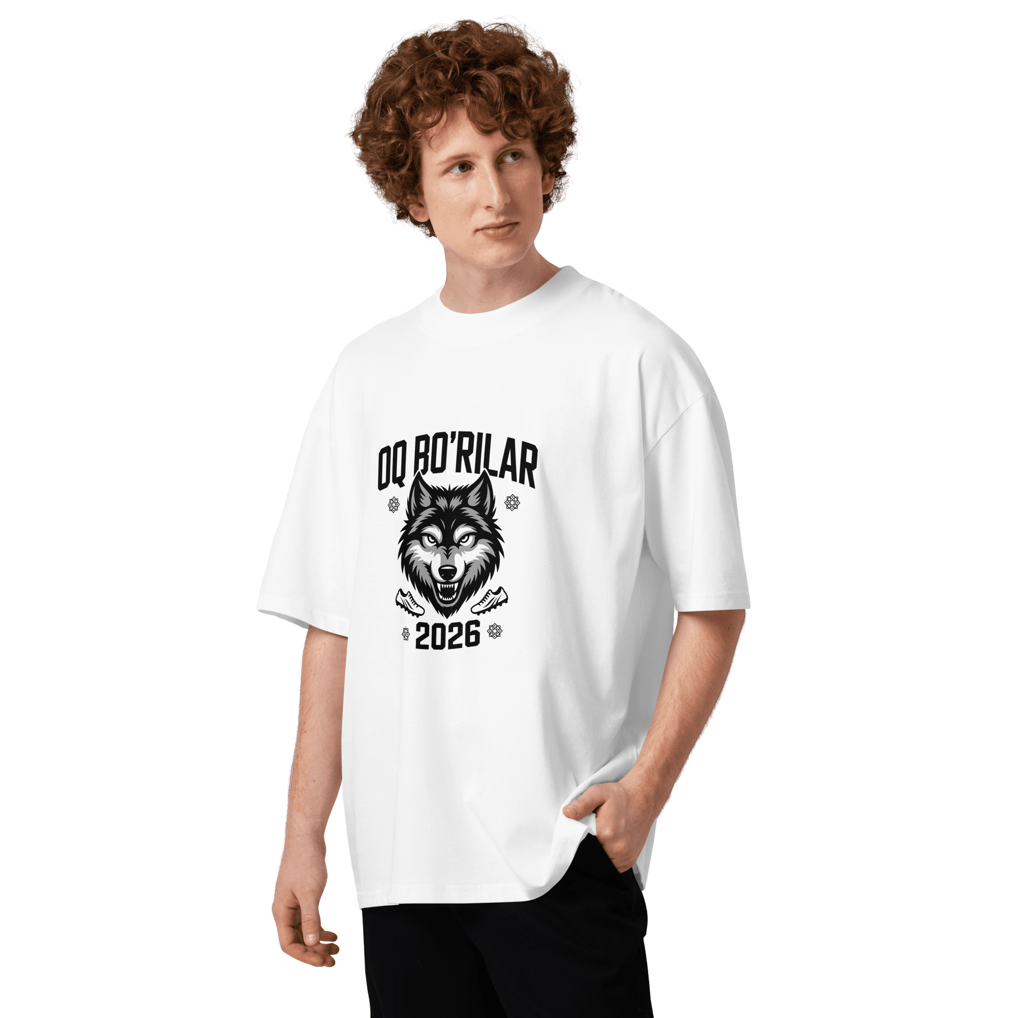 Oq Bo'rilar 2026 wolf football tee — white, front view