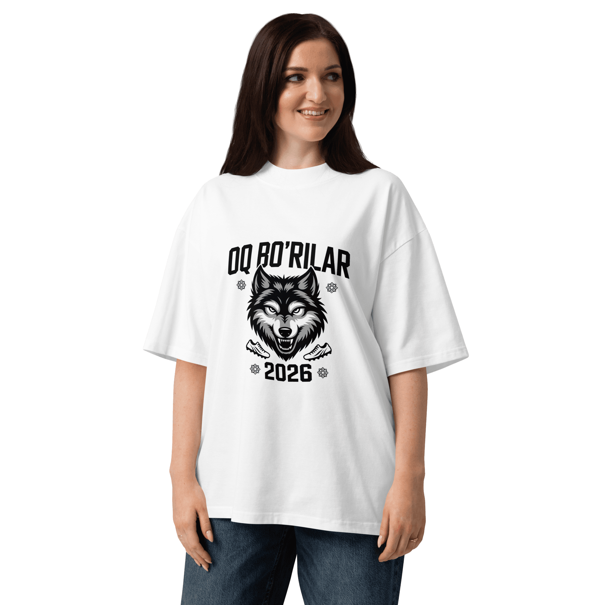 Oq Bo'rilar 2026 wolf football tee — white, front view