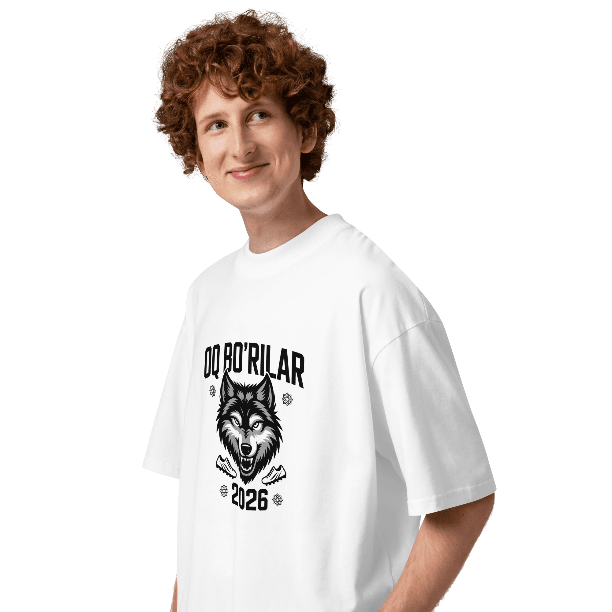 Oq Bo'rilar 2026 wolf football tee — white, side view