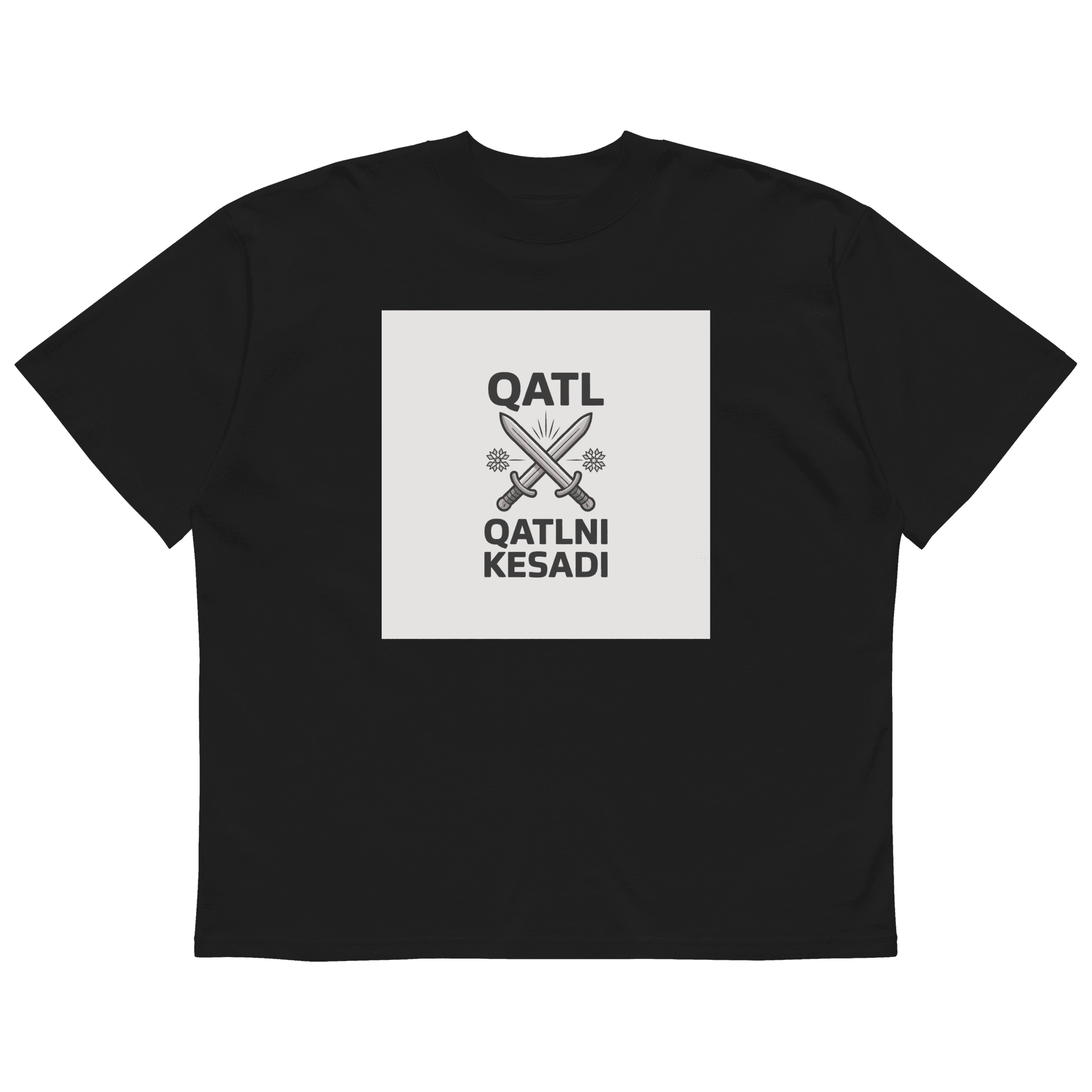 Uzbek street proverb "Qatl Qatlni Kesadi" crossed-swords tee — black, front view