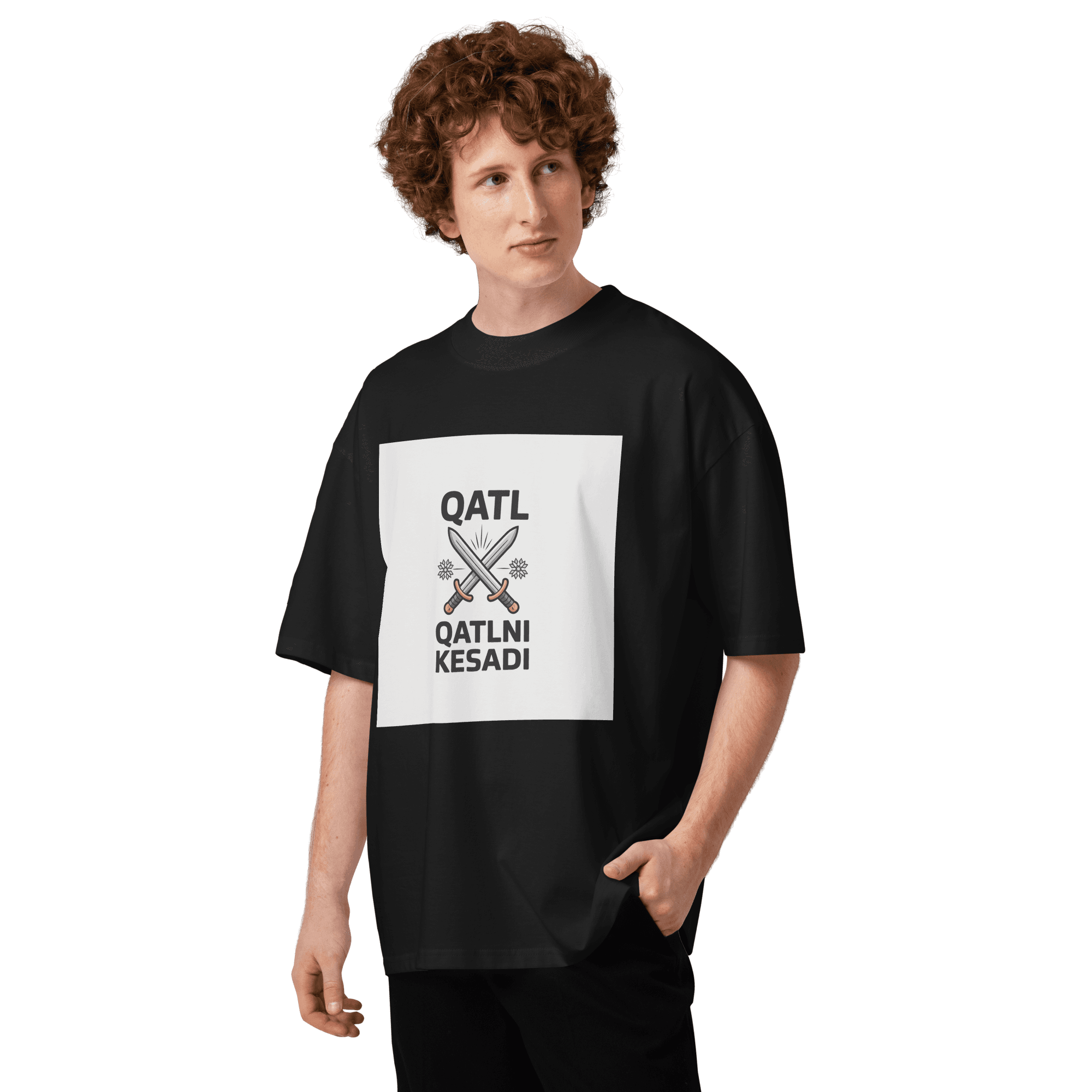 Uzbek street proverb "Qatl Qatlni Kesadi" crossed-swords tee — black, front view