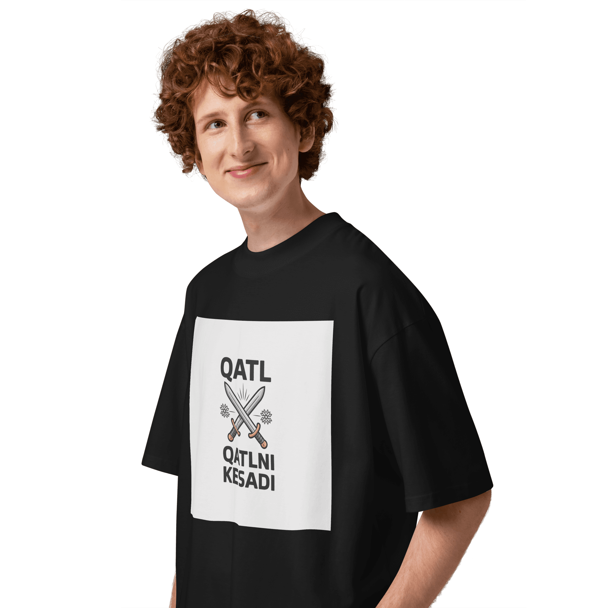 Uzbek street proverb "Qatl Qatlni Kesadi" crossed-swords tee — black, side view