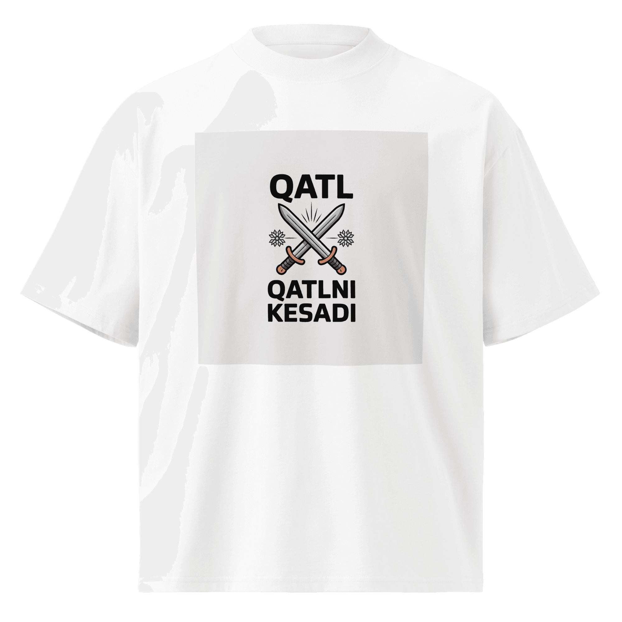 Uzbek street proverb "Qatl Qatlni Kesadi" crossed-swords tee — white, front view