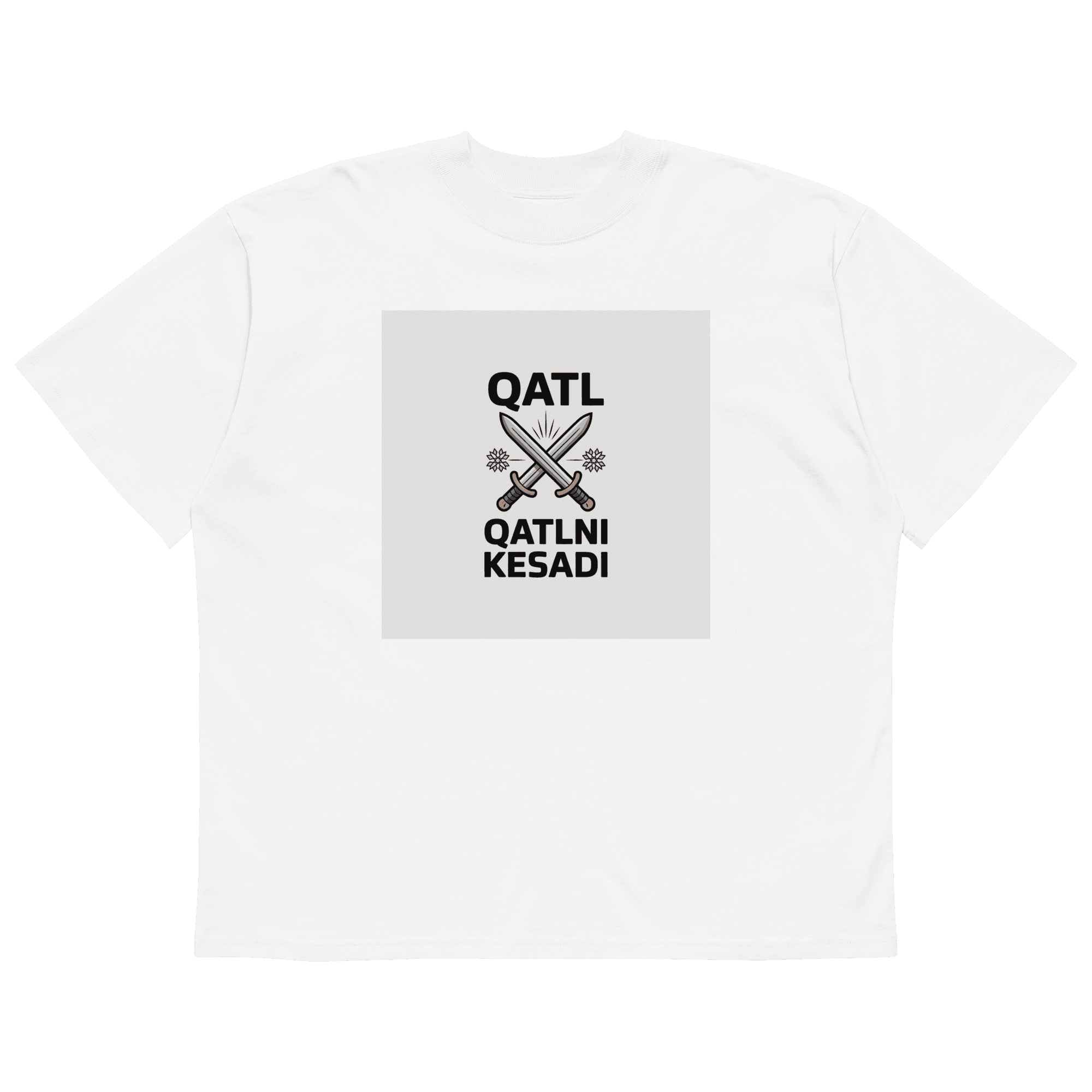 Uzbek street proverb "Qatl Qatlni Kesadi" crossed-swords tee — white, front view