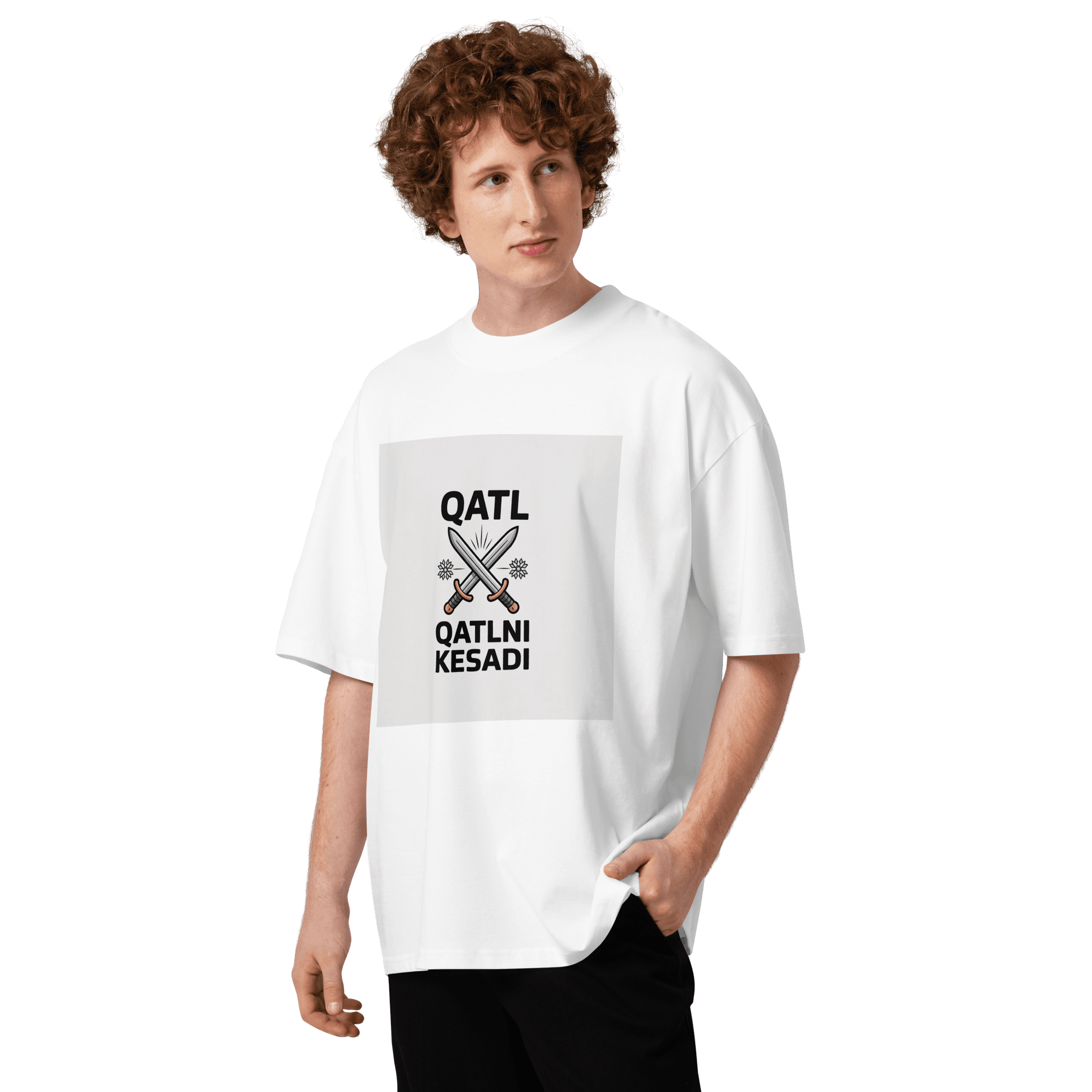 Uzbek street proverb "Qatl Qatlni Kesadi" crossed-swords tee — white, front view