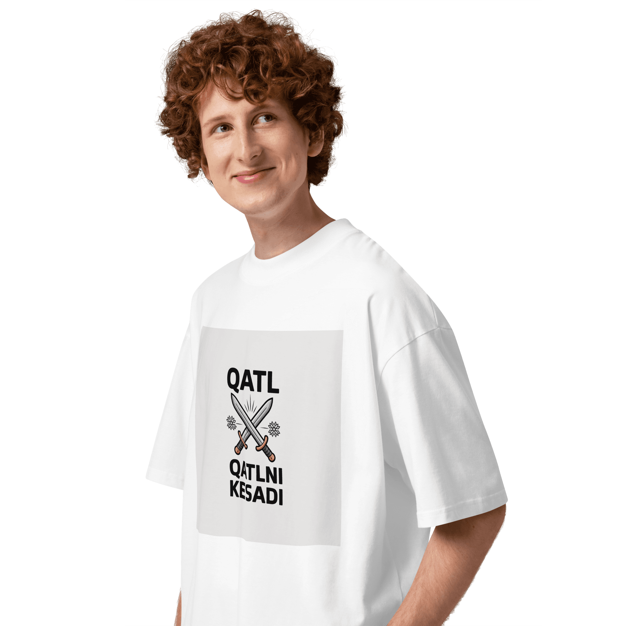 Uzbek street proverb "Qatl Qatlni Kesadi" crossed-swords tee — white, side view