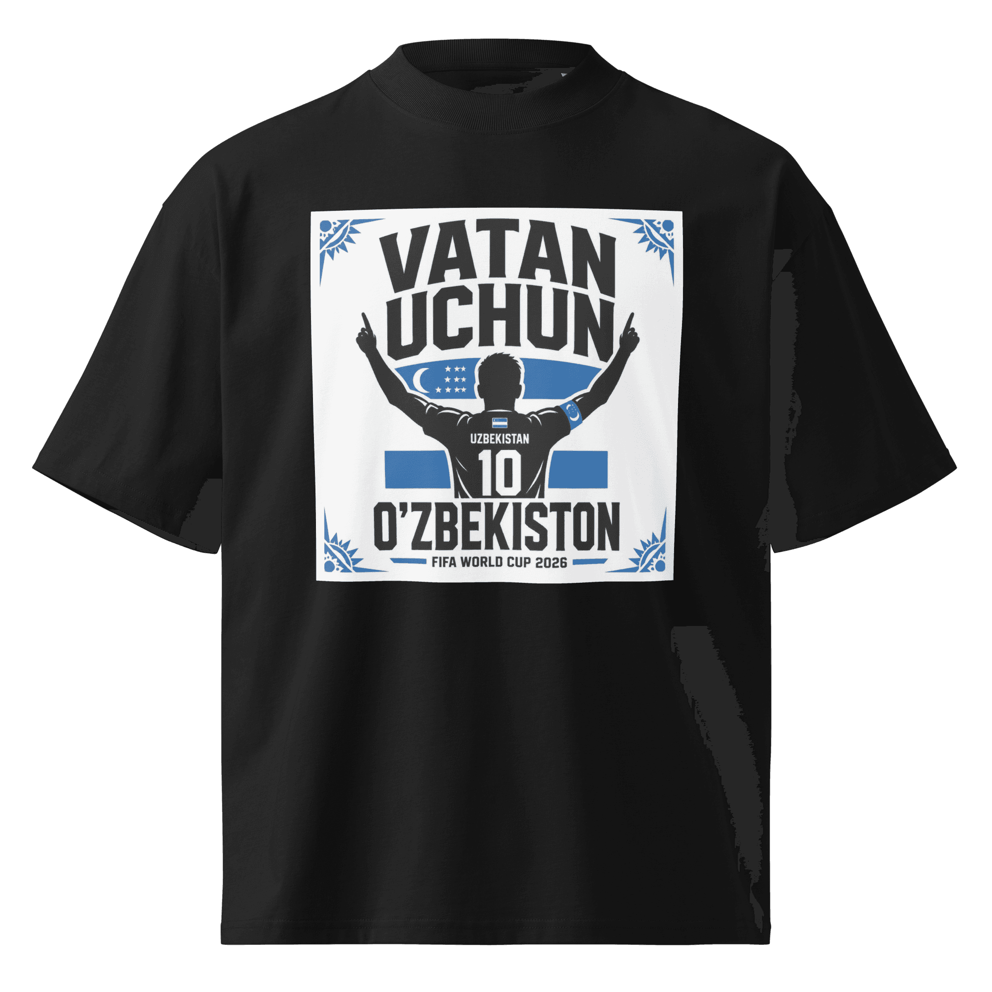 Vatan Uchun O'zbekiston #10 footballer silhouette tee — black, front view