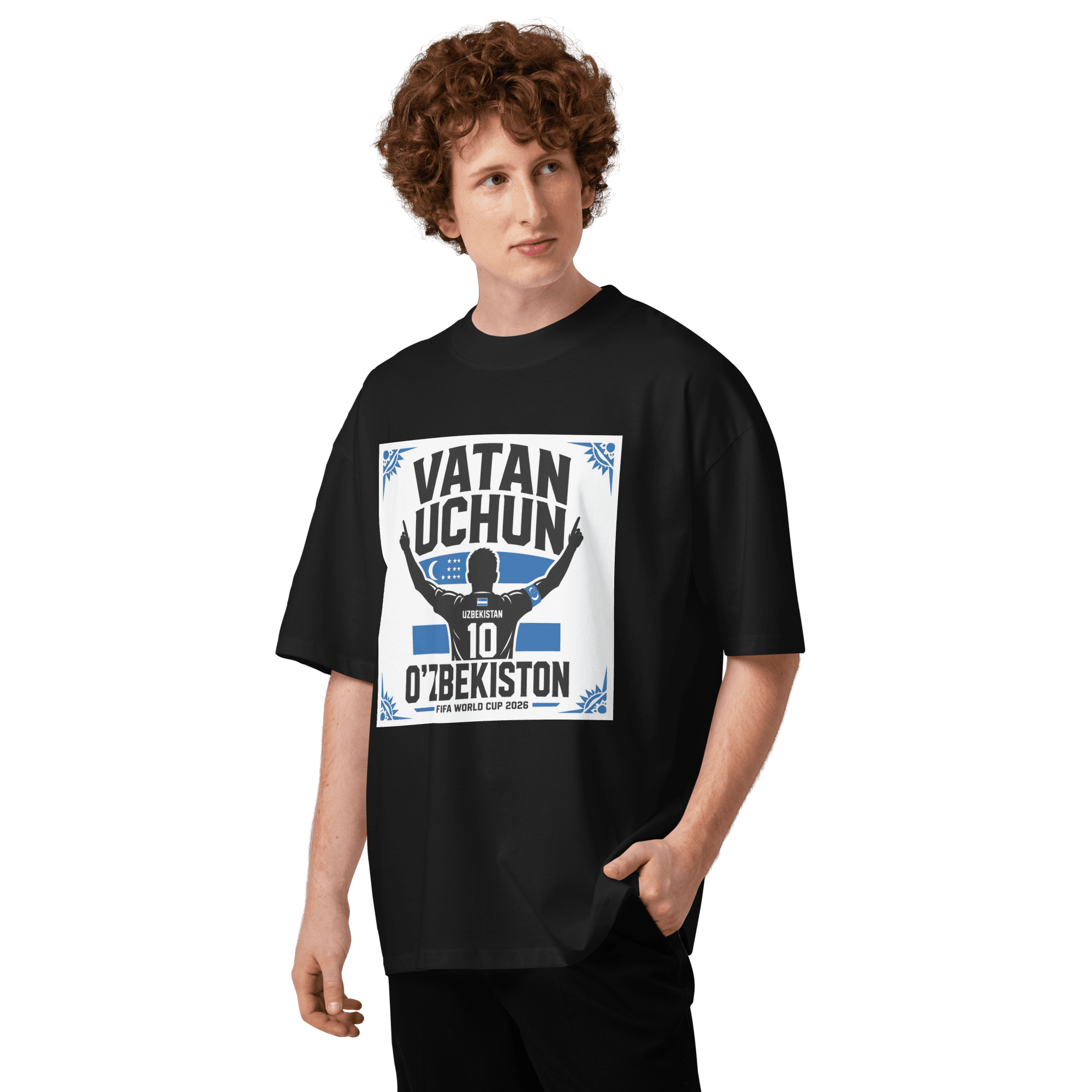 Vatan Uchun O'zbekiston #10 footballer silhouette tee — black, front view
