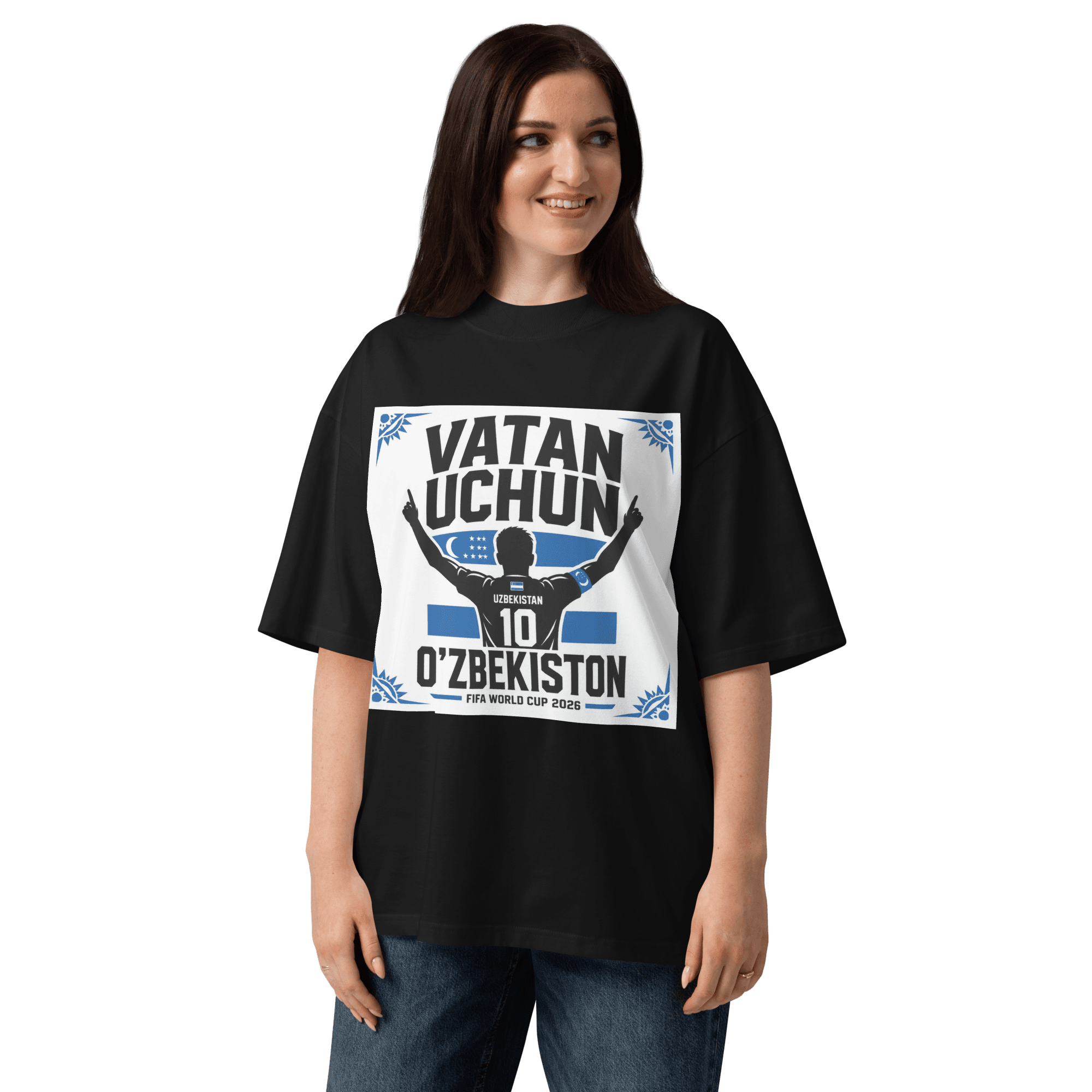 Vatan Uchun O'zbekiston #10 footballer silhouette tee — black, front view