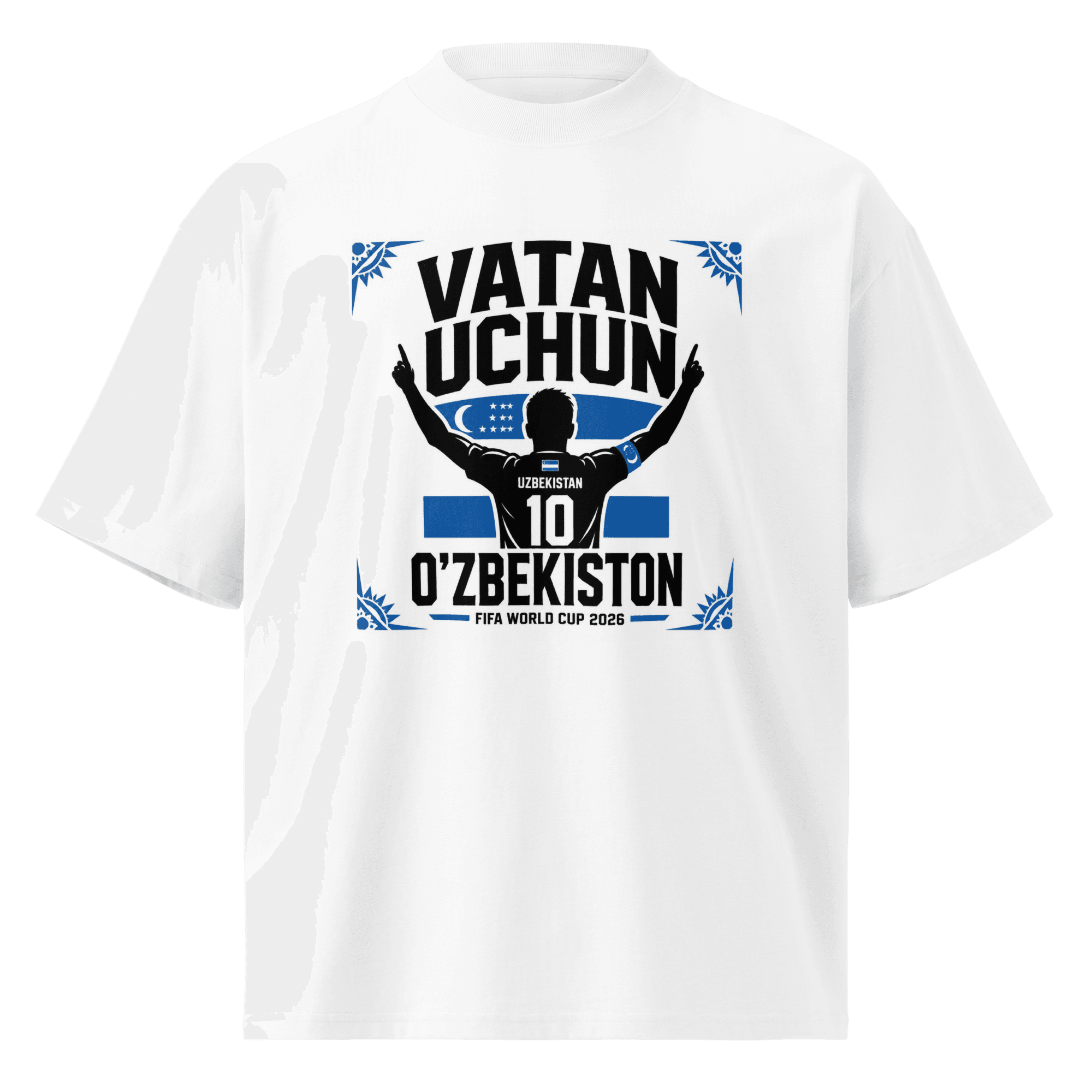 Vatan Uchun O'zbekiston #10 footballer silhouette tee — white, front view