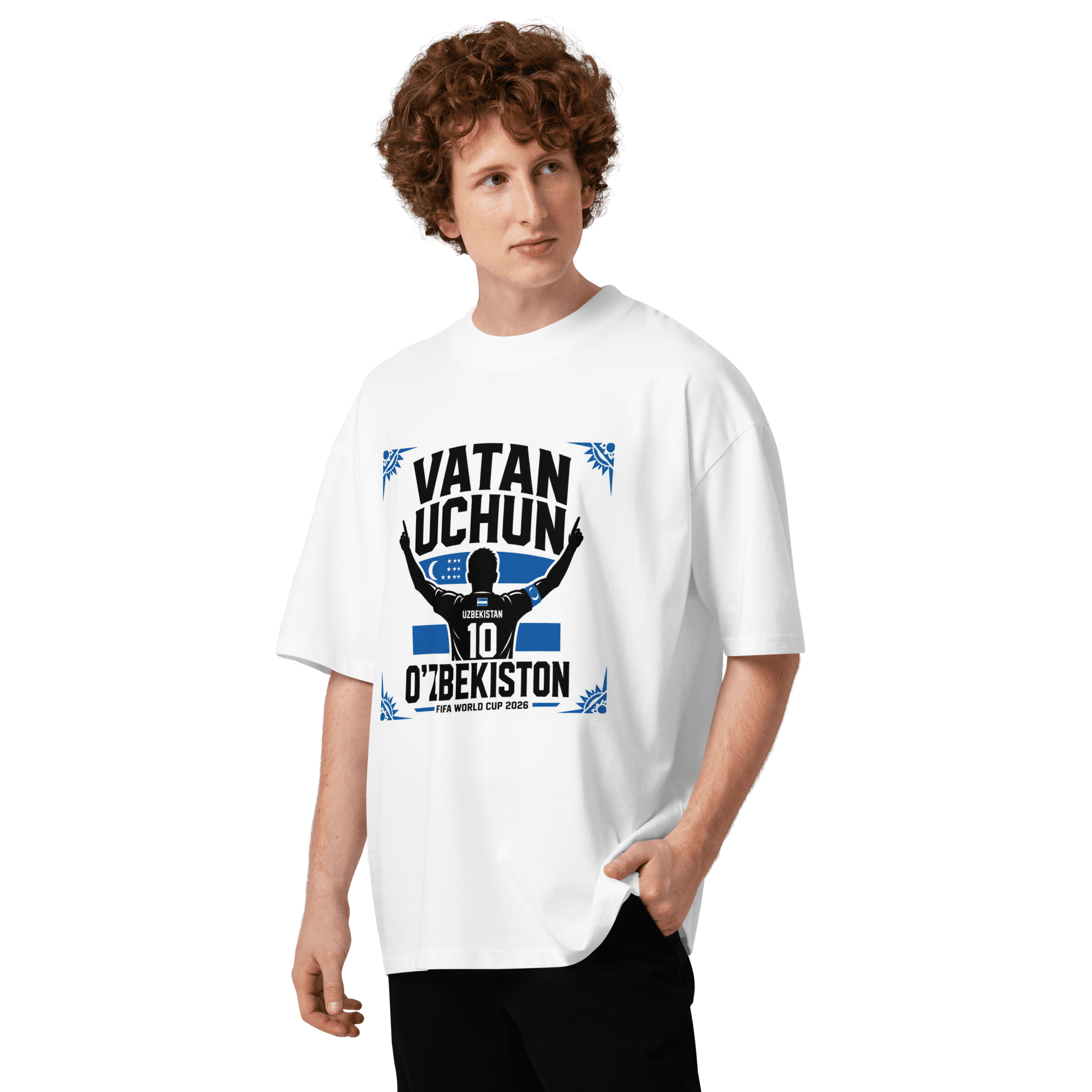 Vatan Uchun O'zbekiston #10 footballer silhouette tee — white, front view
