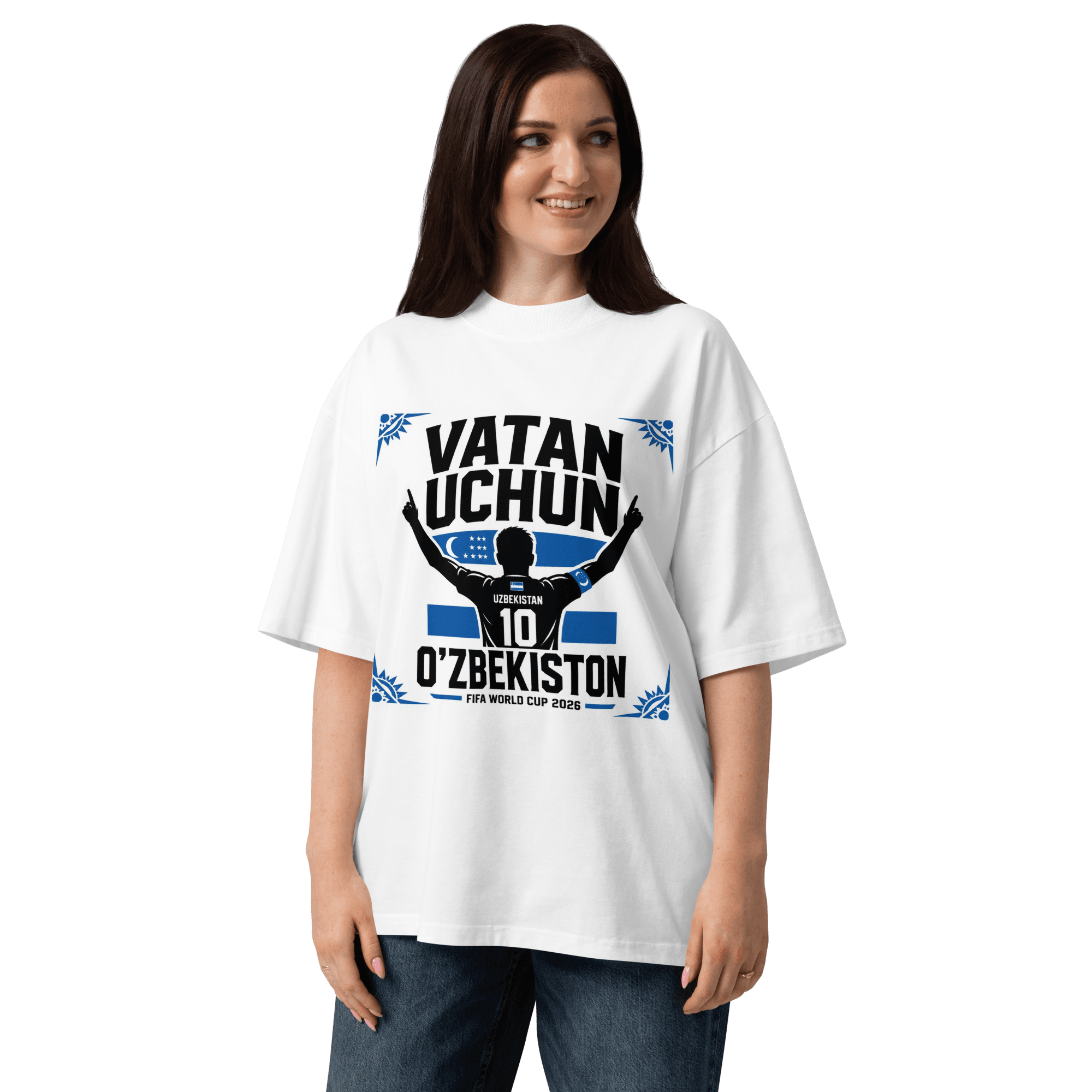 Vatan Uchun O'zbekiston #10 footballer silhouette tee — white, front view