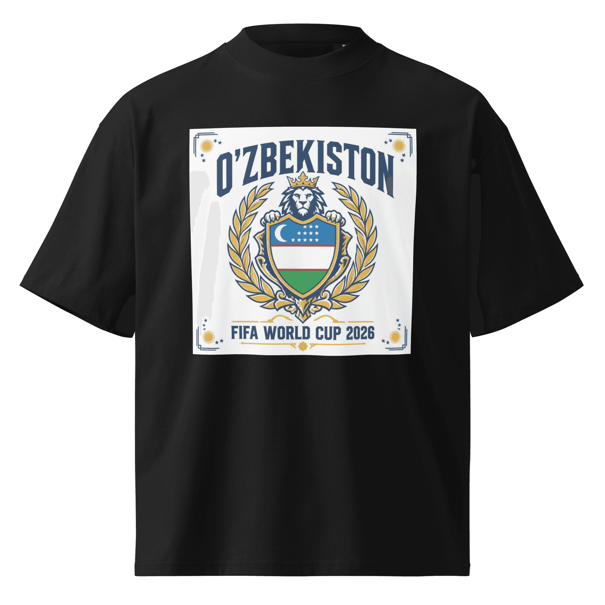 O'zbekiston FIFA World Cup 2026 royal crest tee — black, front view