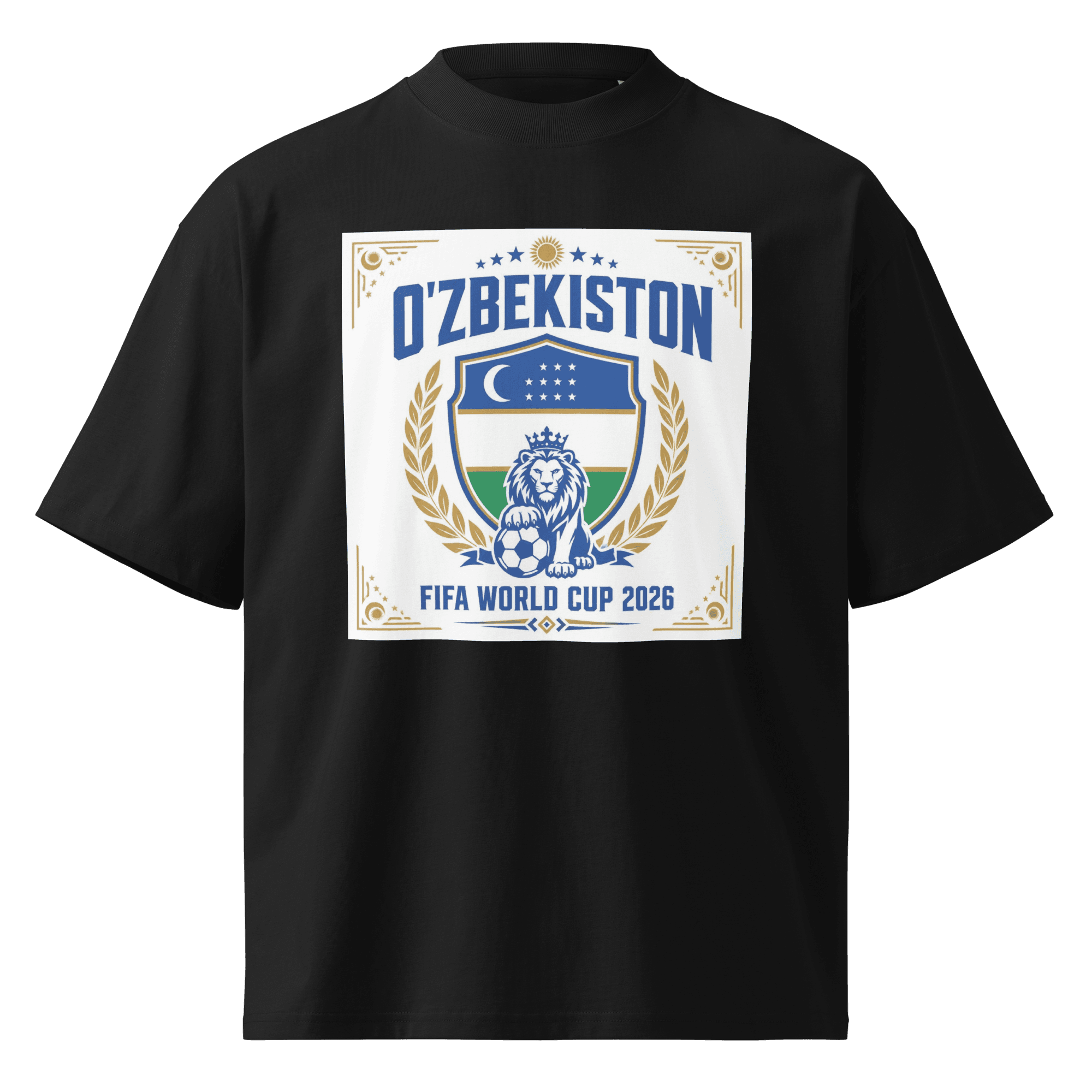 O'zbekiston FIFA World Cup 2026 lion crest tee — black, front view