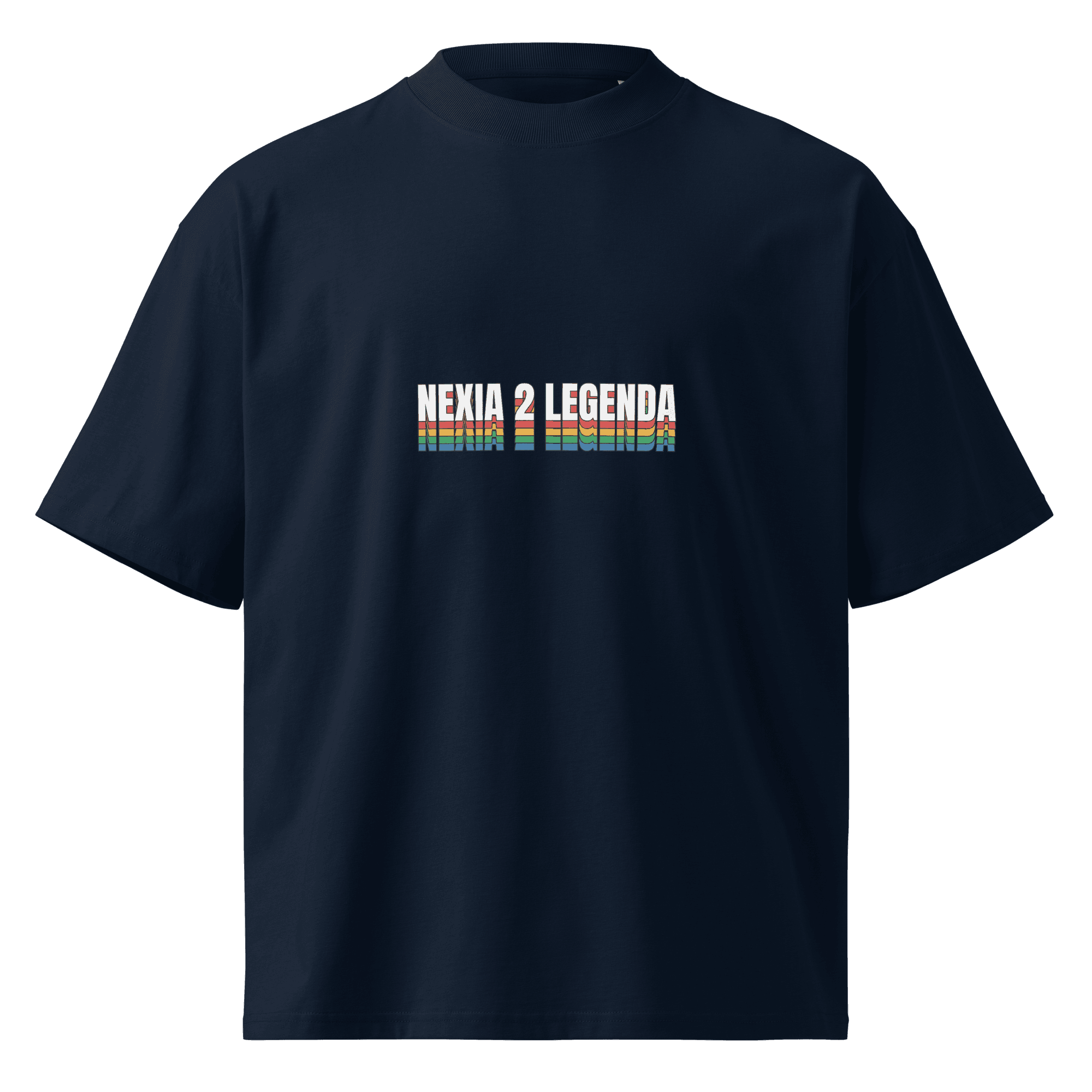 Uzbek tech meme oversized organic cotton T-shirt with “Nexia 2 Legenda” car culture meme design — French Navy, front view
